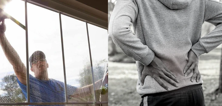 HydroBlast Power Nozzle guy struggling to clean windows and suffering from backache
